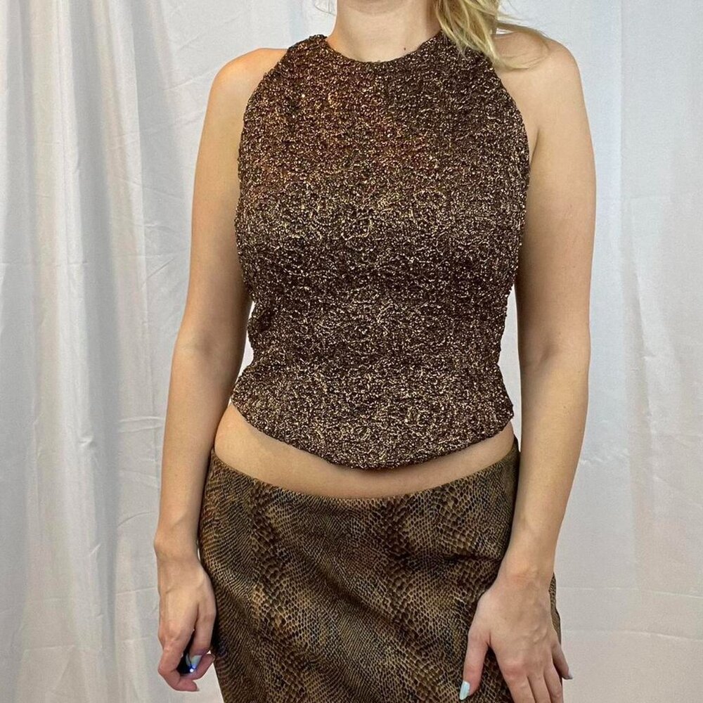 Brown Beaded Shell Top High Neck Carmen Marc Valvo